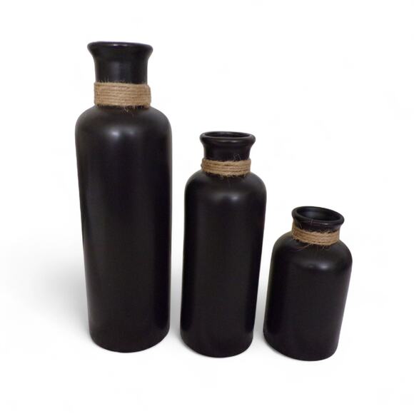 Matte Black Hemp Rope Detailing 3 Vase Set Ceramic New in Box Rustic Decor - Picture 1 of 3